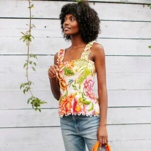 FARM Rio Floral Smocked Tank Top in White, Pink, Green, Orange